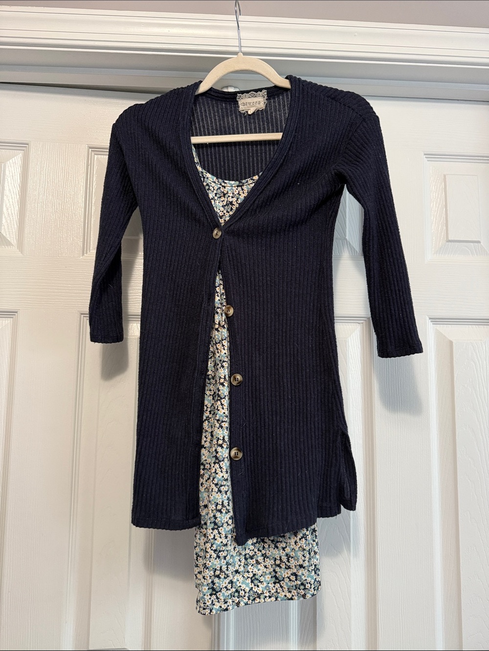btween Navy Cardigan and Floral Dress Set